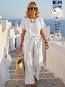 EMERY ROSE Women's Solid Color Short Sleeve Top And Long Pants Casual Daily 2 Pieces Set - White - View 3
