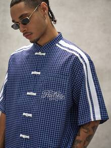 PAVTROS Men's Navy Blue Plaid Chinese Frog Button Boxy Cropped Short Sleeve Shirt,Side Stripes Embroidery Streetwear Summer Vacation Gift For Him - Navy Blue - View 6
