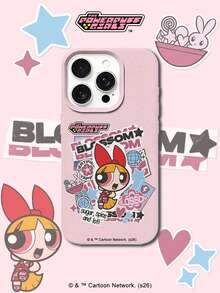 THE POWERPUFF GIRLS X SHEIN The Powerpuff Girls Blossom 卡通貼紙拼貼圖案 星星兔子迪斯可球愛心字母元素 皮革紋理粉色親膚防震防摔保護手機殼，適用於 Apple iPhone 13/14/15/15Pro/16/16Pro/17Pro，熱銷日常美學保護殼 - 彩色 - 查看 2