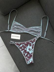 Swim Mod 女款夏季海灘極簡優雅浪漫休閒度假性感甜美可愛時尚泳衣套裝，百搭百搭款，扶桑花印花、條紋印花、雙面可翻轉印花，多種造型選擇，平口微比基尼，適用於海灘、度假村、水療、音樂節、蜜月及休閒度假場合 - 彩色 - 查看 7