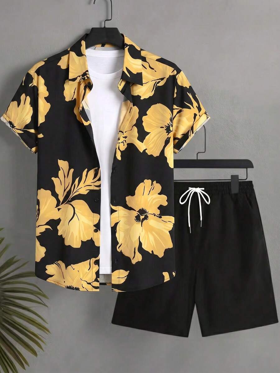 Oro Vacation 男士夏季沙滩度假印花短袖衬衫搭配抽绳腰带短裤沙滩套装 - 彩色 - 查看 1