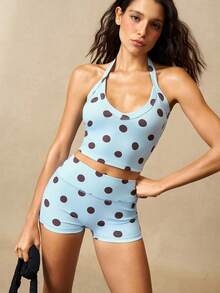 VARSIVA Women's Sweet Sexy Polka Dot Print Cropped Halter Neck Sports Tank Top - Multicolor - View 6