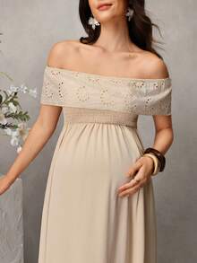 Momance -D Women's Solid Color Off-Shoulder Ruffle Embroidered Maternity Dress, Suitable For Spring/Summer Vacation/Casual Wear - Khaki - View 6