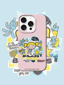 THE POWERPUFF GIRLS X SHEIN The Powerpuff Girls Bubbles 卡通貼紙拼貼圖案 星星兔子章魚麥克風音符愛心字母元素 皮革紋理粉色親膚防震防摔手機保護殼，適用於 Apple iPhone 13/14/15/15Pro/16/16Pro/17Pro，熱銷日常美學手機殼 - 彩色 - 查看 3