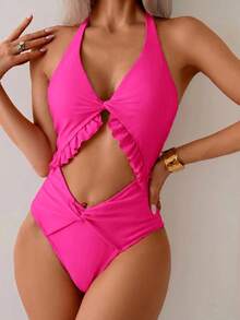 Swim Mod Damen einfarbiger Twist-Cut Out-Design Schnürung Rückenfrei Neckholder Einteiler Badeanzug - Heißes Pink - Übersicht 1