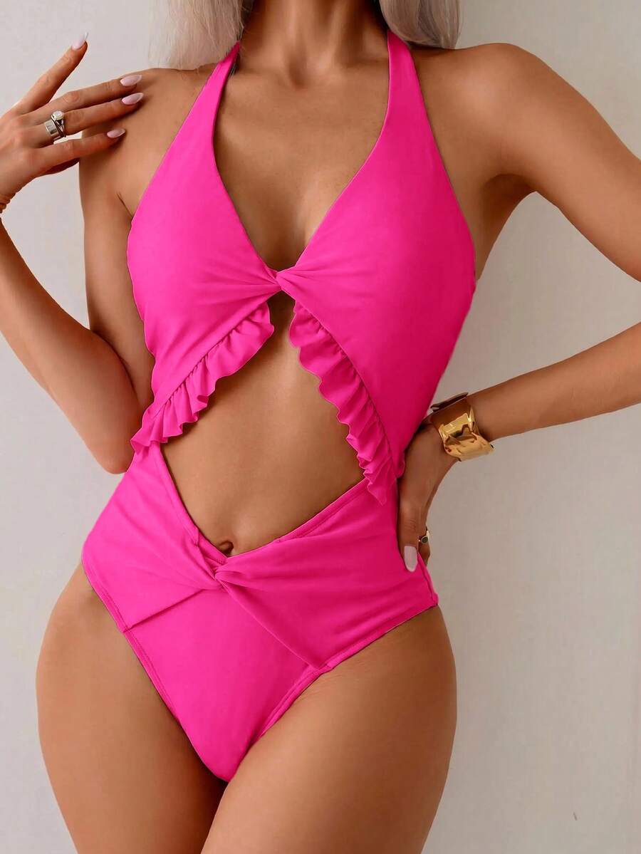 Swim Mod Damen einfarbiger Twist-Cut Out-Design Schnürung Rückenfrei Neckholder Einteiler Badeanzug - Heißes Pink - Übersicht 1