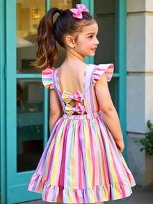Vestido casual de moda para niñas con estampado floral elegante, cuello redondo, mangas volantes, abertura en la espalda, lazo 3D, cintura definida y dobladillo con volantes, adecuado para vacaciones y viajes, vestido de verano para niñas - Multicolor - Ver 1