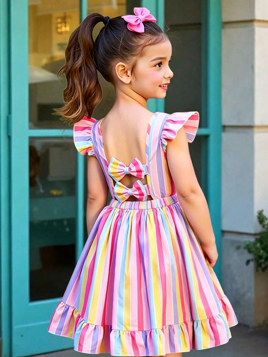 Vestido casual de moda para niñas con estampado floral elegante, cuello redondo, mangas volantes, abertura en la espalda, lazo 3D, cintura definida y dobladillo con volantes, adecuado para vacaciones y viajes, vestido de verano para niñas - Multicolor - Ver 1
