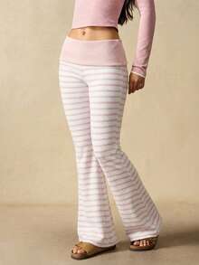 VARSIVA Women's Casual Striped Flared Pants With Waist Fold Over Leggings - Baby Pink - View 4