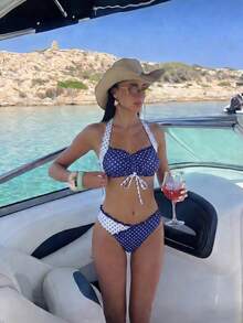 Costavie 女款多色印花兩件式比基尼套裝 新款圓杯掛脖式粗肩帶 性感優雅 度假海灘泳池派對泳衣 - 藏蓝色 - 查看 3