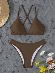 Swim Vcay Women's Summer Beach Solid Color Halter Neck Tie Sexy Bikini And Triangle Bottoms Two-Piece Swimsuit Set - Brown - View 5