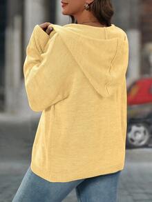 SHEIN LUNE Plus Size Women's Solid Color Long Sleeve Single Breasted Drawstring Hooded Cardigan - Yellow - View 2