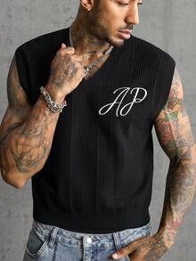 AXEPEAK Men's Letter Embroidered V-Neck Casual Knit Vest - Black - View 2