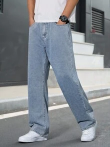 Manfinity Homme Loose Fit Men's Slant Pocket Straight Leg Jeans Men's Light Wash Wide Leg Jeans - Light Wash - View 4