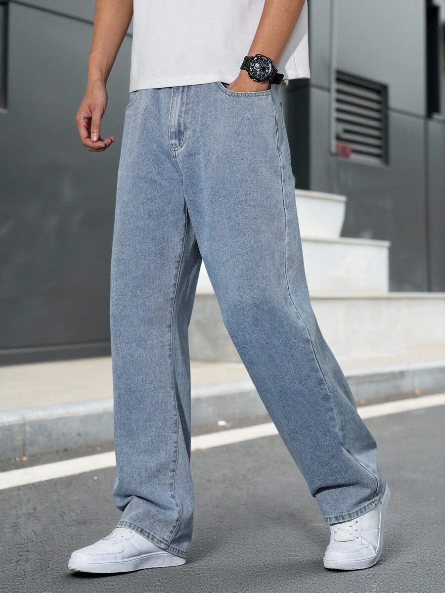 Manfinity Homme Loose Fit Men's Slant Pocket Straight Leg Jeans Men's Light Wash Wide Leg Jeans - Light Wash - View 1