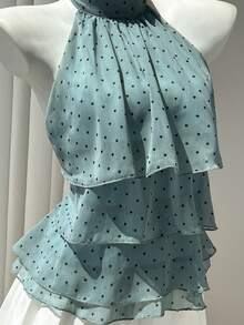 Elamini 女款春夏休閒度假風荷葉邊拼接四層雪紡波點印花面料優雅顯瘦抓皺修身沙灘造型前綁帶襯衫 - 水鴨藍 - 查看 4