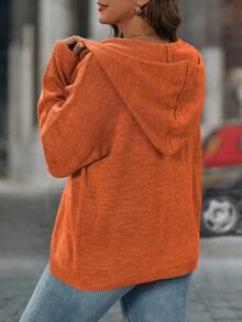 SHEIN LUNE Plus Size Women's Solid Color Drawstring Hooded Single-Breasted Casual Versatile Daily Outing Cardigan - Orange - View 2