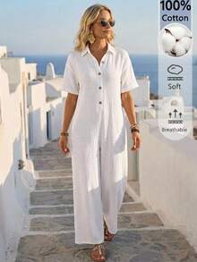 EMERY ROSE Áo sơ mi jumpsuit nữ màu trơn tay ngắn, vạt cài nút nửa thân, phong cách casual cho đi du lịch - trắng - Xem 1