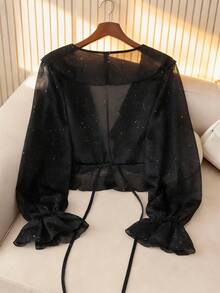 SHEIN Clasi CURVE 女款荷葉邊綁帶喇叭袖亮面半透明材質優雅性感派對雞尾酒會日常通勤休閒時尚度假黑色秋季開襟衫 - 黑色 - 查看 2