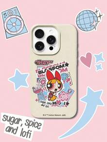 THE POWERPUFF GIRLS X SHEIN The Powerpuff Girls Blossom 卡通貼紙拼貼圖案 星星兔子迪斯可球愛心字母元素 皮革紋理白色親膚防震防摔保護手機殼，適用於 Apple iPhone 13/14/15/15Pro/16/16Pro/17Pro，熱銷日常美學保護殼 - 彩色 - 查看 2