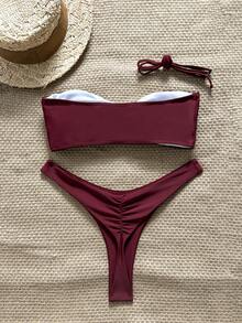 Swim Mod 女款夏季純色細肩帶海星金屬飾品高衩性感比基尼套裝 - 酒紅色 - 查看 3
