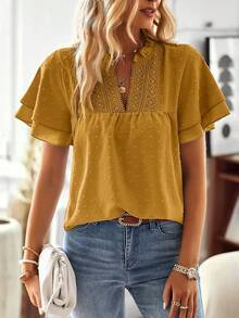 Ceyna Plus Size Women Boho Embroidered V Neck Blouse, Swiss Dot Ruffle Short Sleeve Shirt, Loose Fit Curvy Figure Casual Mustard Yellow Top Summer - Yellow - View 7