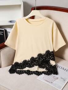 Tween Girls T-Shirt, Round Neck T-Shirt With Lace Trim Hem, Casual Versatile Comfortable, Perfect For Daily, Outings, School And Other Occasions - Apricot - View 8