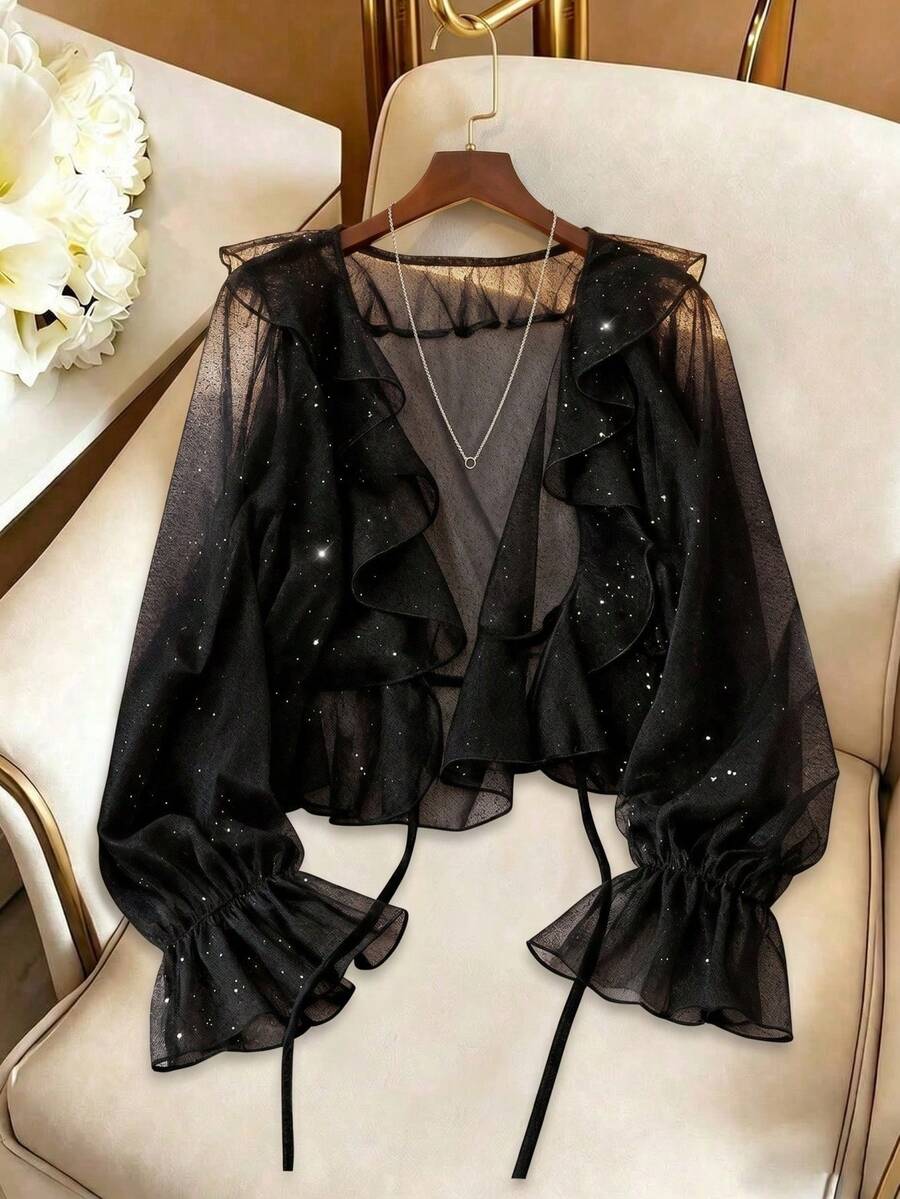 SHEIN Clasi CURVE 女款荷葉邊綁帶喇叭袖亮面半透明材質優雅性感派對雞尾酒會日常通勤休閒時尚度假黑色秋季開襟衫 - 黑色 - 查看 1