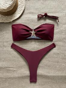 Swim Mod 女款夏季純色細肩帶海星金屬飾品高衩性感比基尼套裝 - 酒紅色 - 查看 2