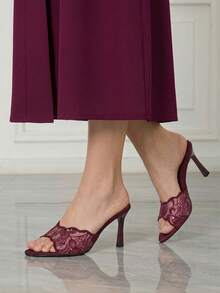 Sleekvia Summer New Belt Wear High-Heeled Women's Slippers - Burgundy - View 4