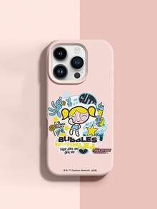 THE POWERPUFF GIRLS X SHEIN The Powerpuff Girls Bubbles 卡通貼紙拼貼圖案 星星兔子章魚麥克風音符愛心字母元素 皮革紋理粉色親膚防震防摔手機保護殼，適用於 Apple iPhone 13/14/15/15Pro/16/16Pro/17Pro，熱銷日常美學手機殼 - 彩色 - 查看 4