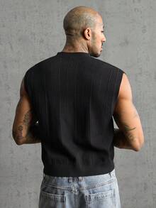 AXEPEAK Men's Letter Embroidered V-Neck Casual Knit Vest - Black - View 3