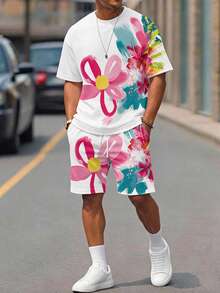 Sorvial 男士休闲印花T恤短裤套装，夏季 - 白色 - 查看 6