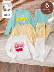 SHEIN 6pcs Baby Girl Knitted Solid Color Floral & Fruit Pattern Ruffle Collar Casual T-Shirt And Pants Set - Multicolor - View 7