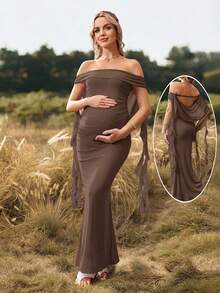 Cheriluna Maternity 纯色露肩露背孕妇长裙，适合圣诞派对、优雅派对、迎婴派对等场合。 - 棕色 - 查看 6