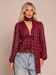 Glamine 秋冬女款法式金箔雪紡金葉圖案可拆卸緞帶多層荷葉邊下擺休閒襯衫 - 酒紅色 - 查看 1