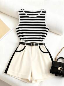 GlowEve CURVE Plus Size Striped Top And Contrast Color Shorts Casual Women's 2 Pieces Set - Multicolor - View 1