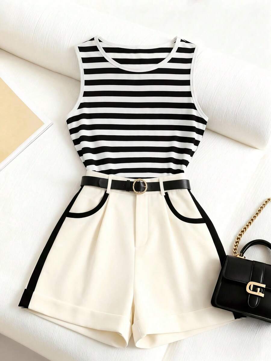 GlowEve CURVE Plus Size Striped Top And Contrast Color Shorts Casual Women's 2 Pieces Set - Multicolor - View 1
