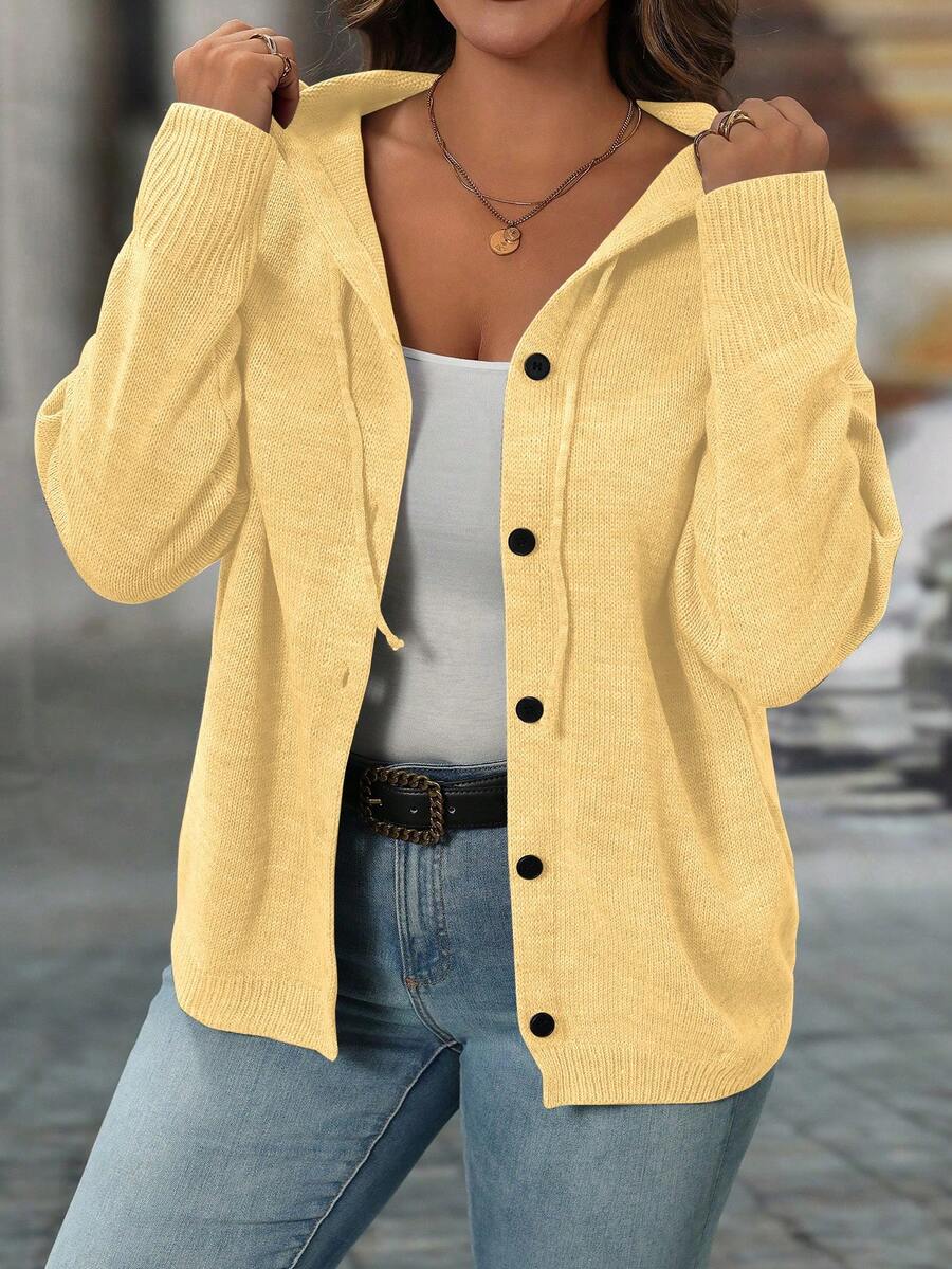 SHEIN LUNE Plus Size Women's Solid Color Long Sleeve Single Breasted Drawstring Hooded Cardigan - Yellow - View 1