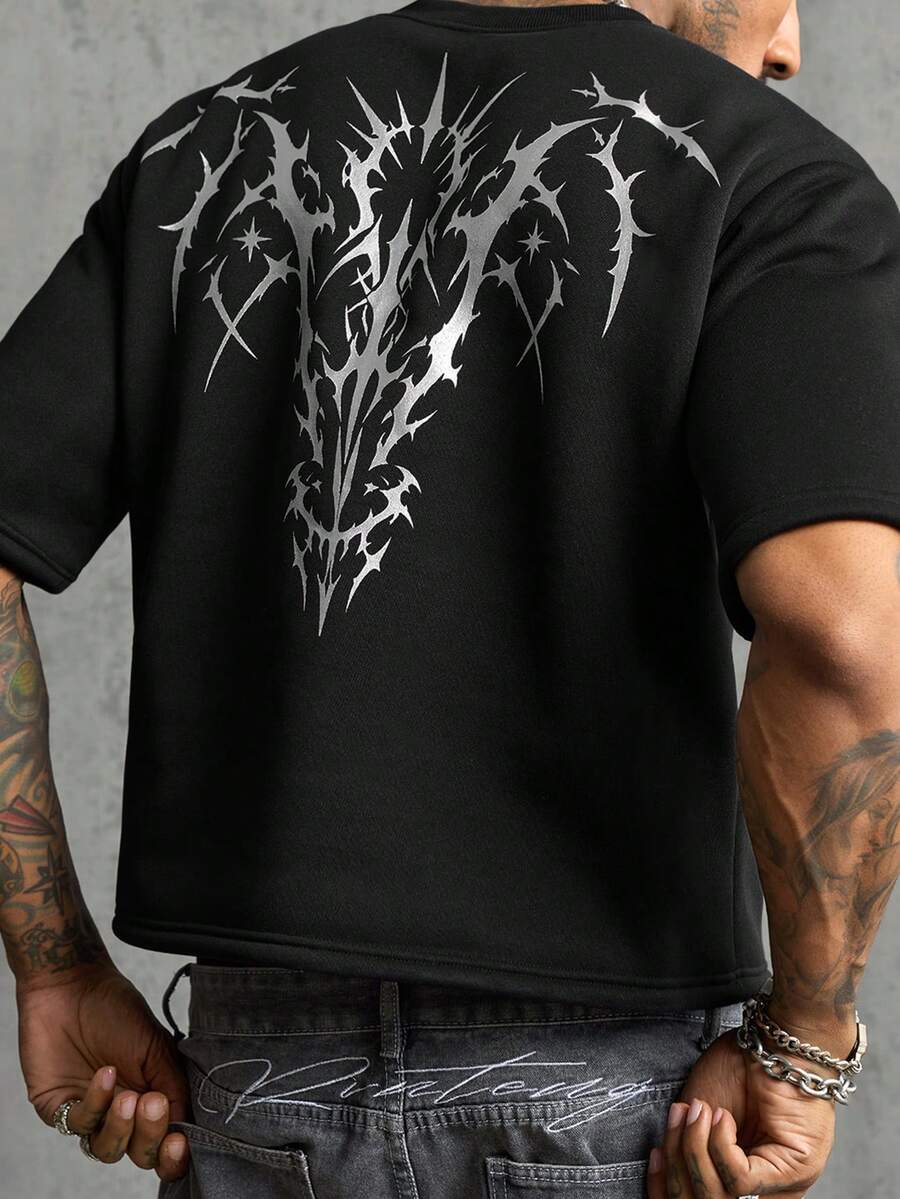 AXEPEAK Men's Gothic Pattern Casual Versatile Daily Short Sleeve T-Shirt - Black - View 1