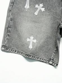 Manfinity EMRG Shorts de mezclilla gris lavada con cruz estilo hip hop callejero gótico para hombre - Gris - Ver 5