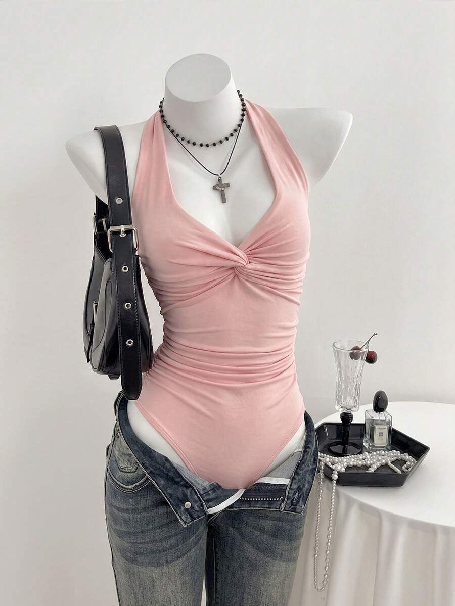 Elamini 女款春夏V領前扭結性感休閒極簡風連身衣