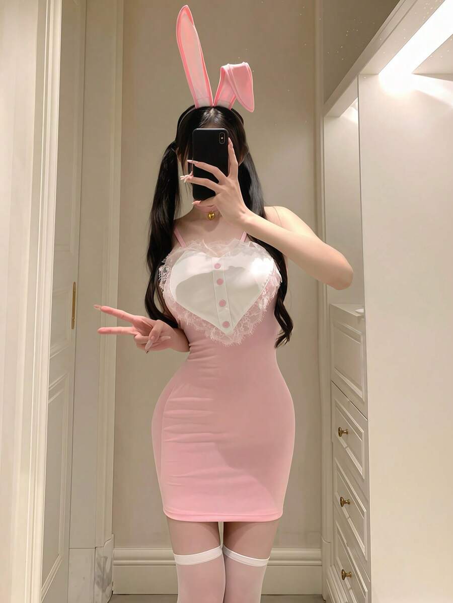 Dansine Set Kostum Cosplay Anime Seksi Minimalis Kencan Musim Semi/Panas 2026, Seragam Klub Malam Gadis Kelinci Seksi yang Menggoda - Berwarna merah muda - View 1