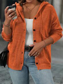 SHEIN LUNE Plus Size Women's Solid Color Drawstring Hooded Single-Breasted Casual Versatile Daily Outing Cardigan - Orange - View 3
