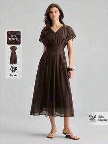 Ontre Lyocell Fabric Women's Comfortable V-Neck Slightly Wide Design Cinched Waist Full Skirt Vacation Elegant Tea Party Summer Dark Brown - Brown - View 4