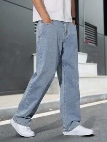 Manfinity Homme Loose Fit Men's Slant Pocket Straight Leg Jeans Men's Light Wash Wide Leg Jeans - Light Wash - View 5