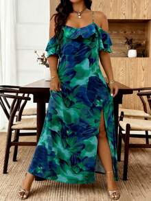 Breezaya Vestido de vacaciones para mujer de talla grande con estampado floral, dobladillo con volantes y abertura lateral, primavera/verano/otoño - Multicolor - View 3