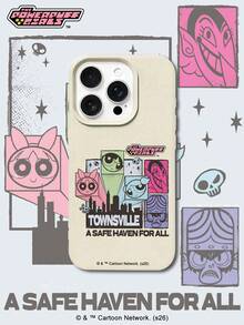 THE POWERPUFF GIRLS X SHEIN 飛天小女警全角色反派圖案 Townsville 市廣場圖案骷髏星星字母元素皮革紋白色親膚防震防摔保護手機殼，適用於 Apple iPhone 13/14/15/15Pro/16/16Pro/17Pro，熱銷日常美學保護殼 - 彩色 - 查看 2