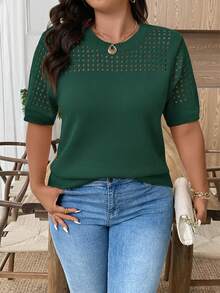 EMERY ROSE Plus Size Casual Hollow Out Round Neck Short Sleeve Top Going Out Tops - Dark Green - View 4