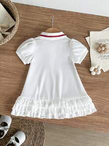 SHEIN Gaun Rajut Polo Lengan Pendek Kasual Olahraga Lucu Warna Krem Kuning untuk Bayi Perempuan Musim Panas dengan Motif Pelangi di Seluruh Permukaan dan Desain Berkerut di Bagian Bawah - MultiWarna - View 3